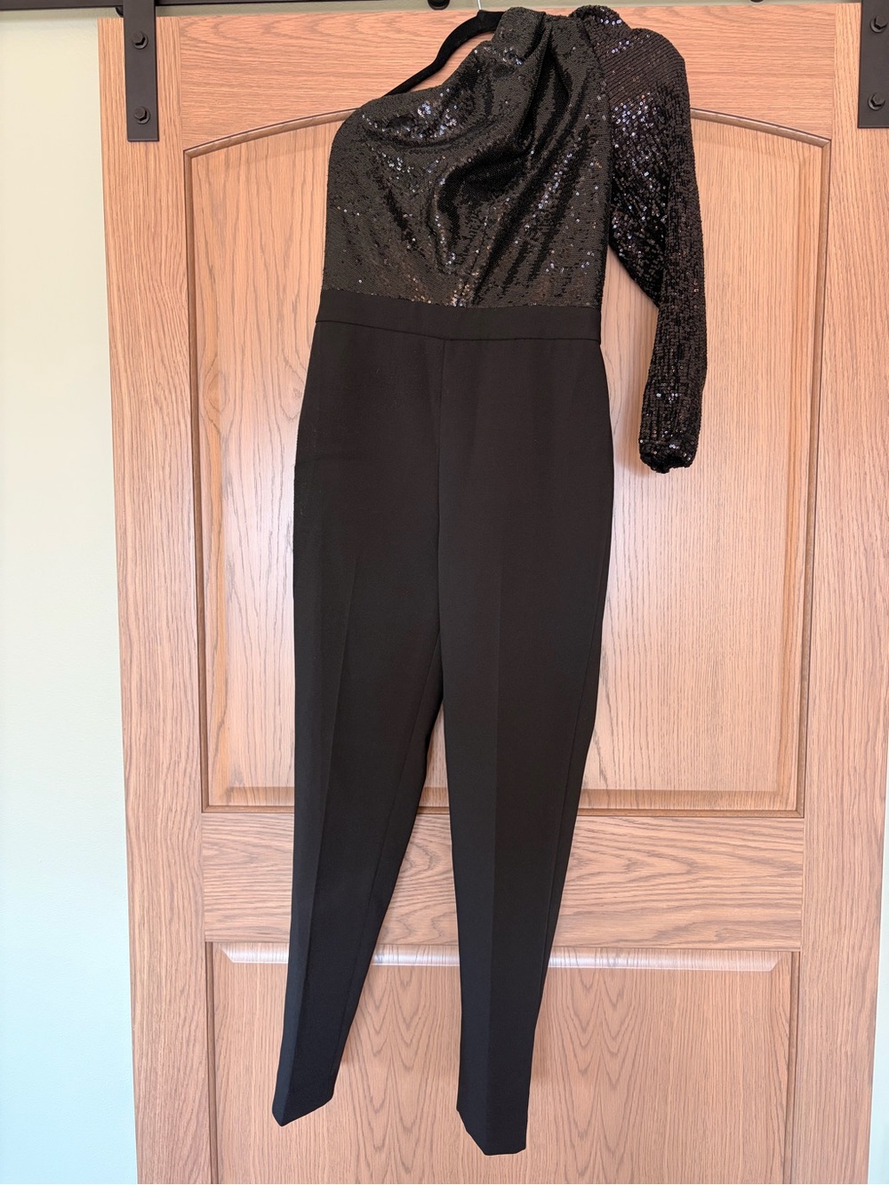 Michael Kors Black One-Shoulder Sequin Jumpsuit with Long Sleeve